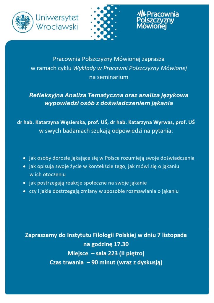 Plakat z zaproszeniem na seminarium Pracowni Polszczyzny Mówionej